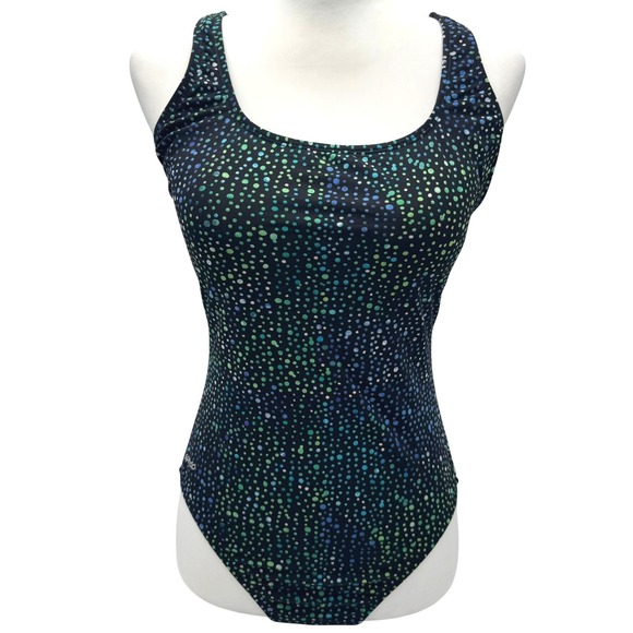 SPEEDO Women's 12 Blue Green Polka Dot Cross Back Padded Bra One Piece Swimsuit - Picture 1 of 7